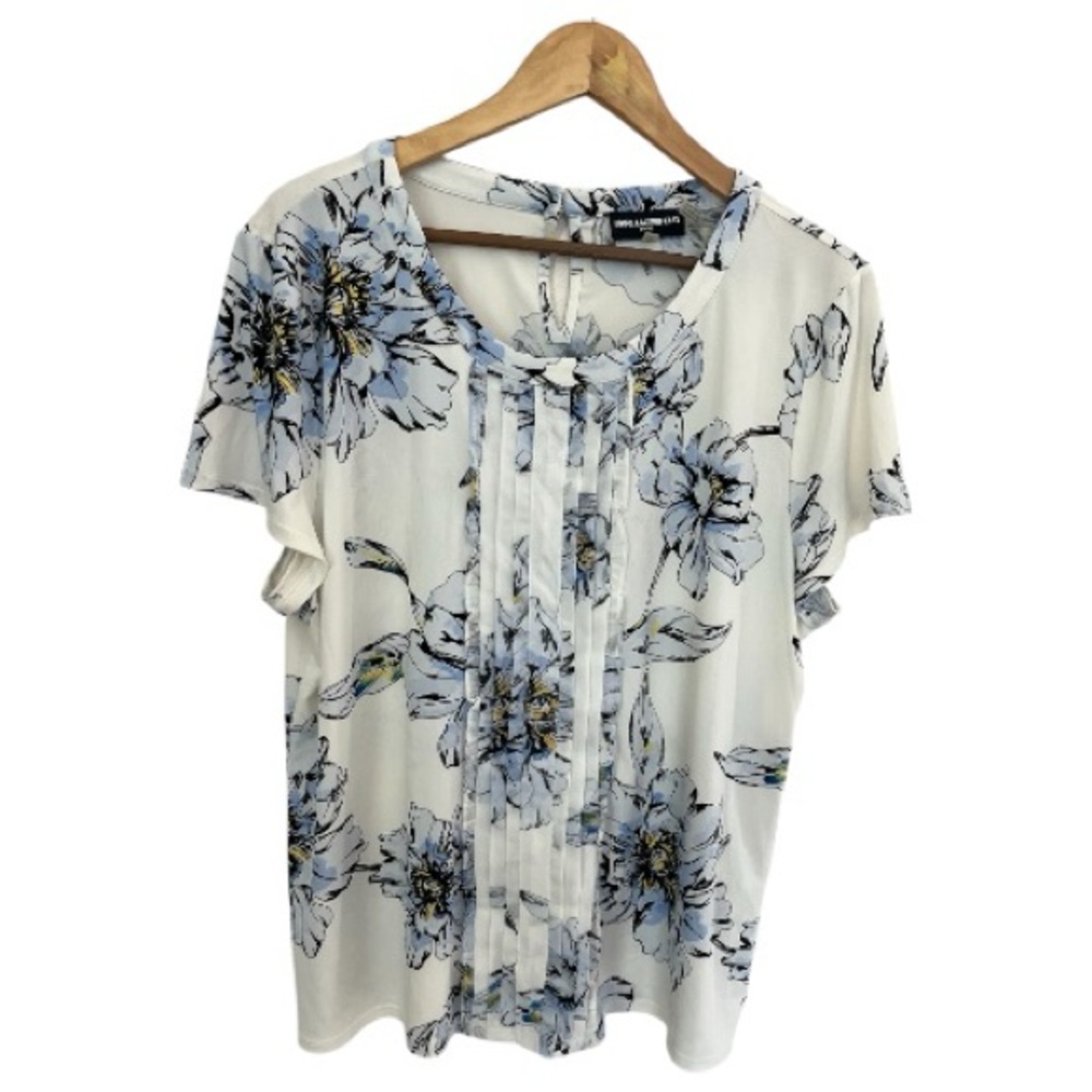 Karl Lagerfeld White and Blue Floral Short Sleeve Blouse